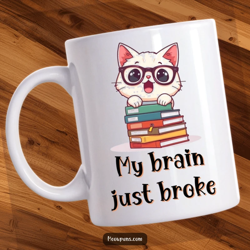 Funny mug with a surprised cat wearing glasses, books tumbling down around it, capturing a moment of academic bewilderment.