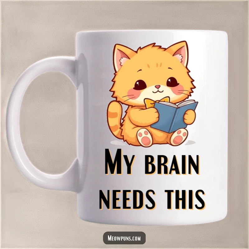 Funny orange cat wearing a bowtie, engrossed in reading a book on a mug, emphasizing its intellectual and cozy personality.