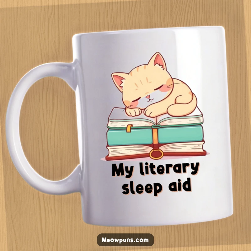 Funny cat mug featuring a contented cat asleep on a huge book, radiating warmth and humor.
