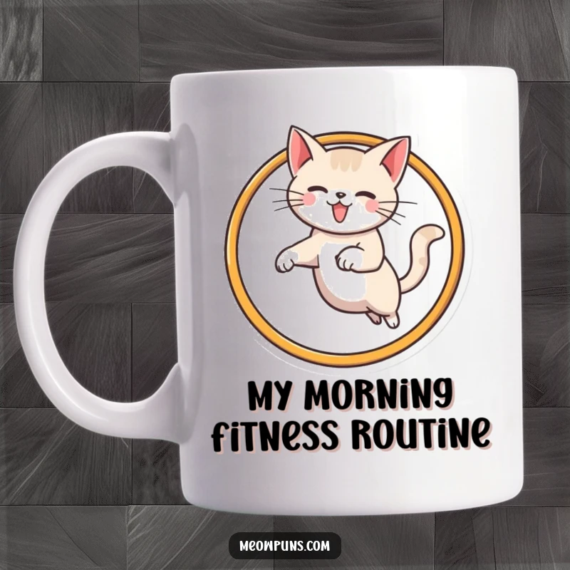 Funny cat mug showing a determined feline gracefully leaping through a stylized M-shaped hoop with energetic flair.