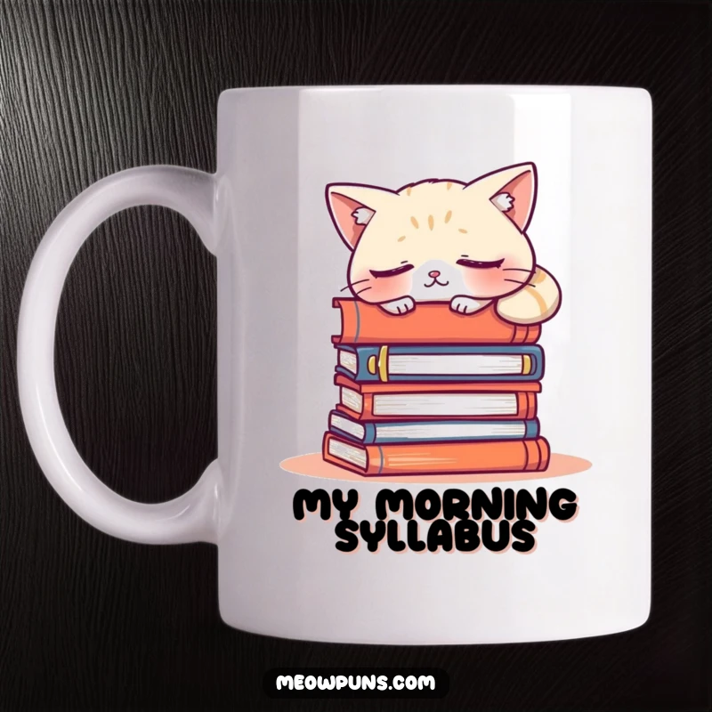 Funny mug featuring a cute, sleepy cat character dozing peacefully on a tall stack of colorful books, embodying a love for literature and rest.
