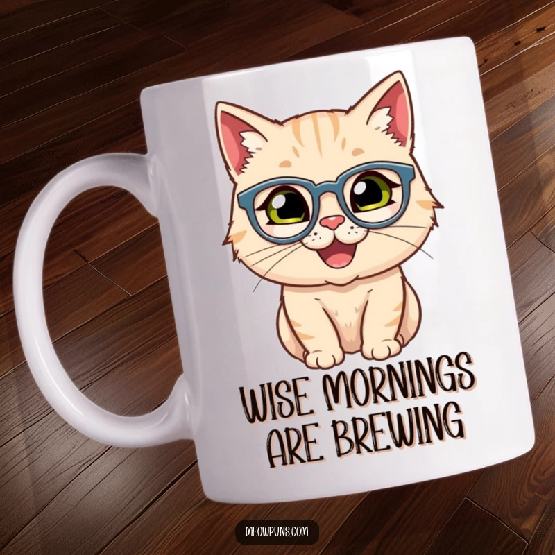 Funny mug showcasing a happy cat wearing small spectacles, exuding intelligence and charm.