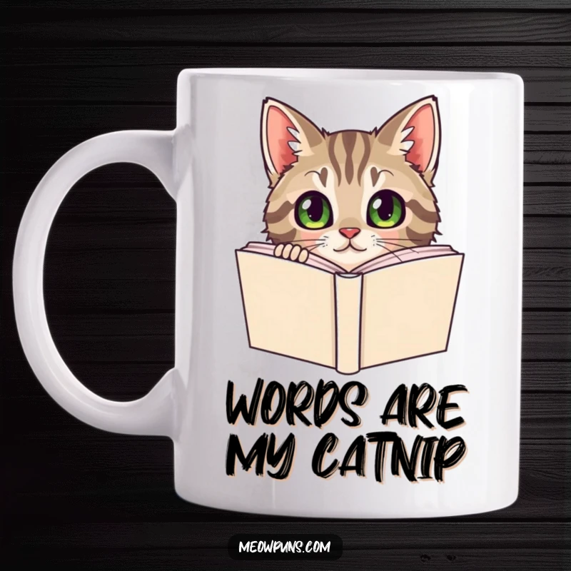 Funny Curious Tabby Cat Mug, a tabby cat peeks from behind a large dictionary, showcasing intellectual humor.