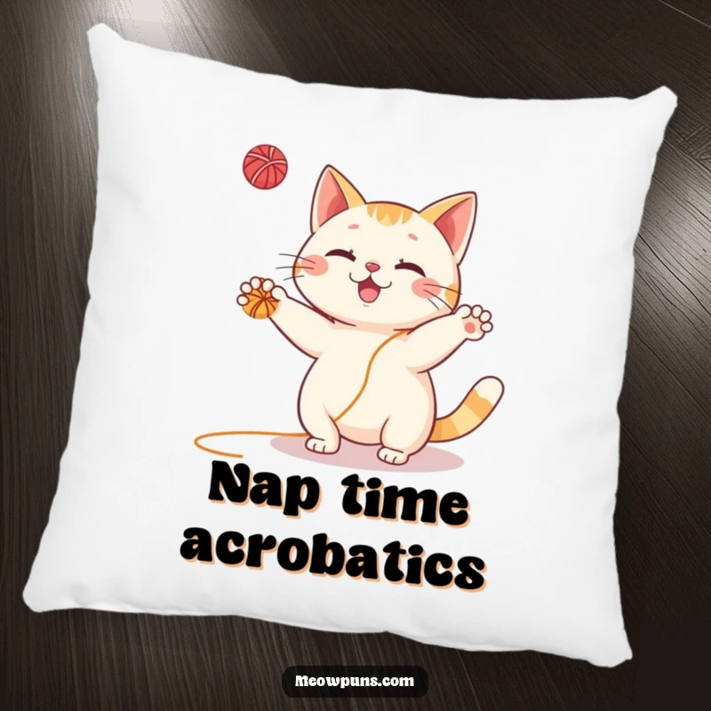 Funny Cat Pillow: Soft cushion featuring an animated cat joyfully juggling a pile of colorful yarn balls, providing comfort and humor.