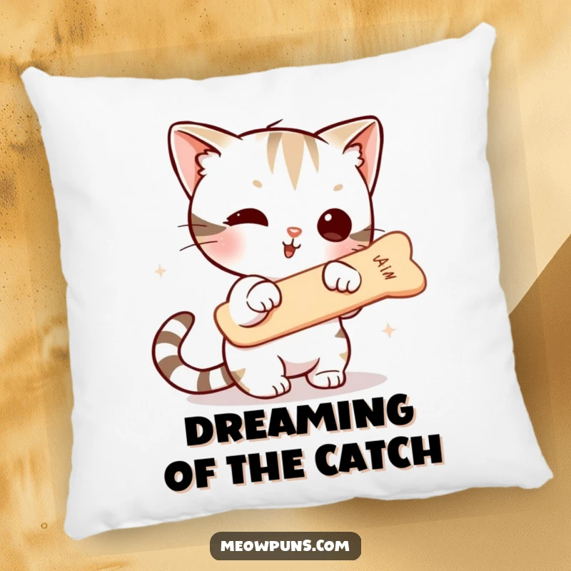 Funny pillow design of a cute cat character stretching to bat at a floating fishbone, adding a touch of playful chaos to any soft furnishing.