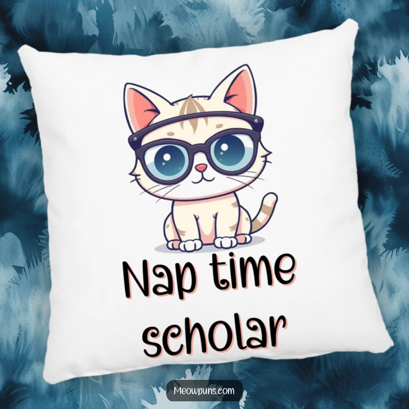 Funny pillow featuring a cute cat character wearing oversized reading glasses, adding a touch of playful intellect to any comfortable seating.