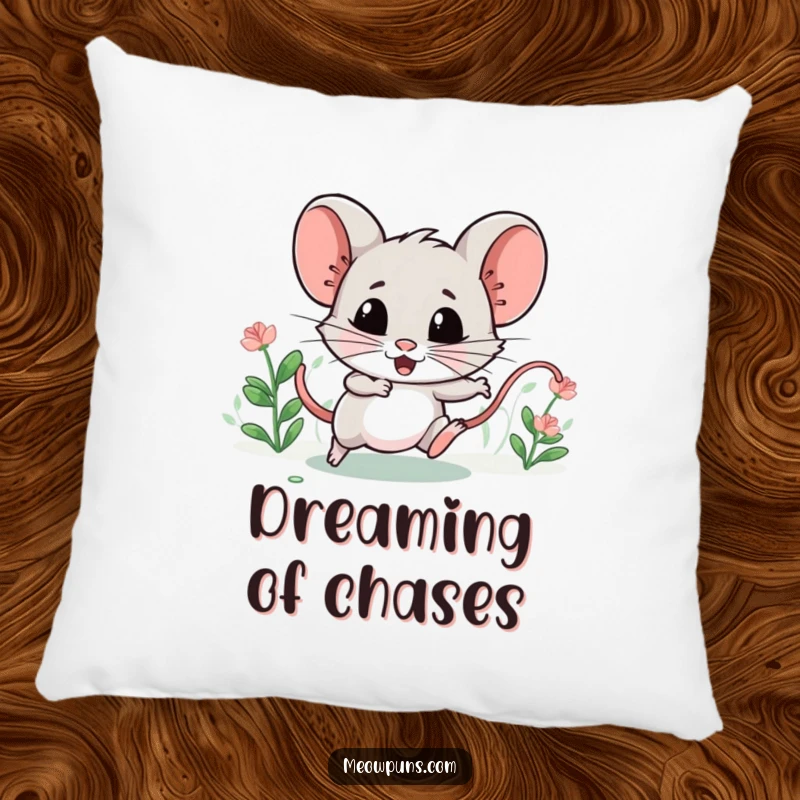 Funny pillow with a mischievous catnip mouse character, playfully leading a tiny chase, a comfortable and humorous accent.
