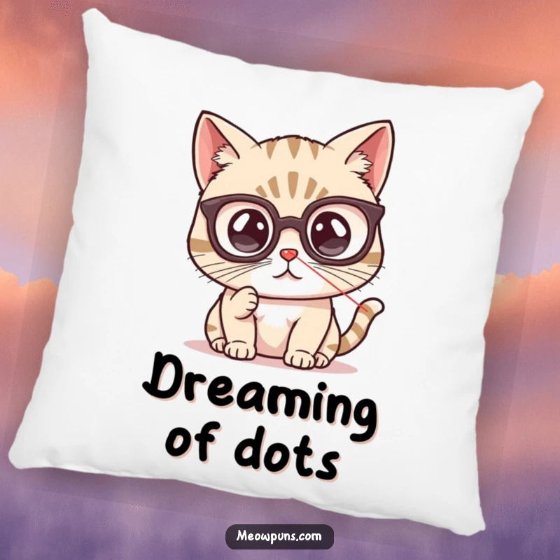 Funny cat pillow with a cute cat wearing spectacles, eyes locked onto a red laser pointer dot, providing comfort and amusement.
