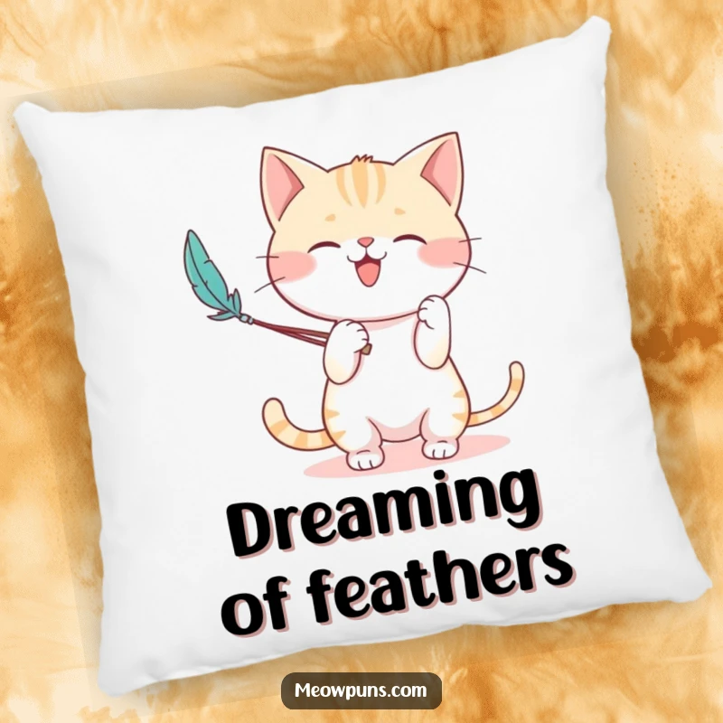Funny pillow featuring a cute cat character enthusiastically playing with a feather wand, bringing comfort and playful feline energy.
