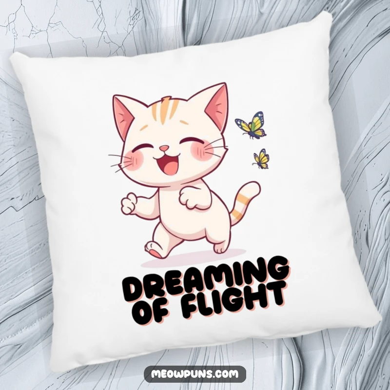 Funny cat pillow depicting a cute cat joyfully pursuing a tiny, animated butterfly, offering comfort and cheer.