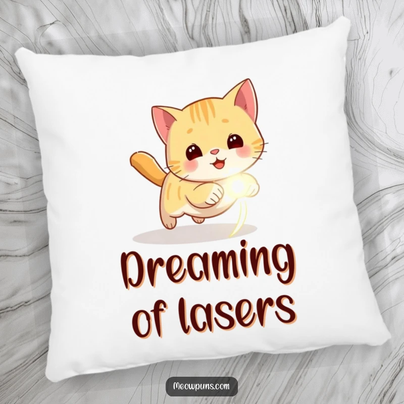 Funny pillow featuring a cat chasing a glowing laser dot, offering comfort and playful humor.