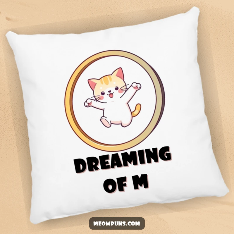 Funny pillow design of a cat leaping through an 'M' hoop, offering comfortable and humorous decor.