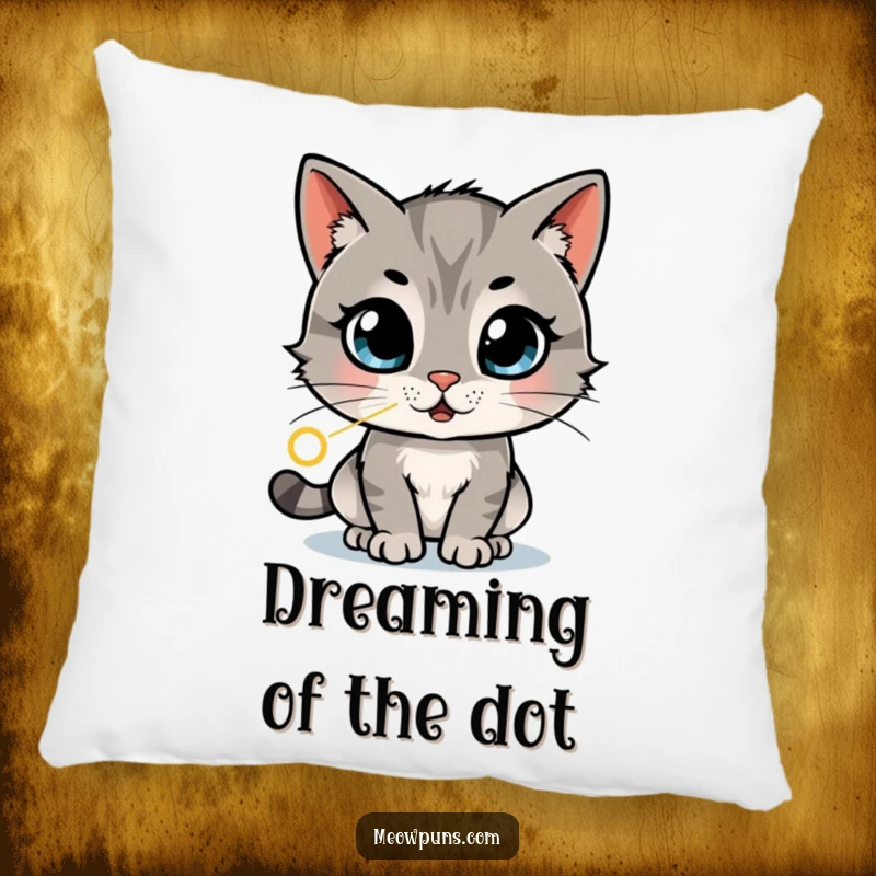Funny cat pillow with a cat with wide, amazed eyes chasing a laser dot in a dizzying pattern, offering cozy humor and energetic vibes.