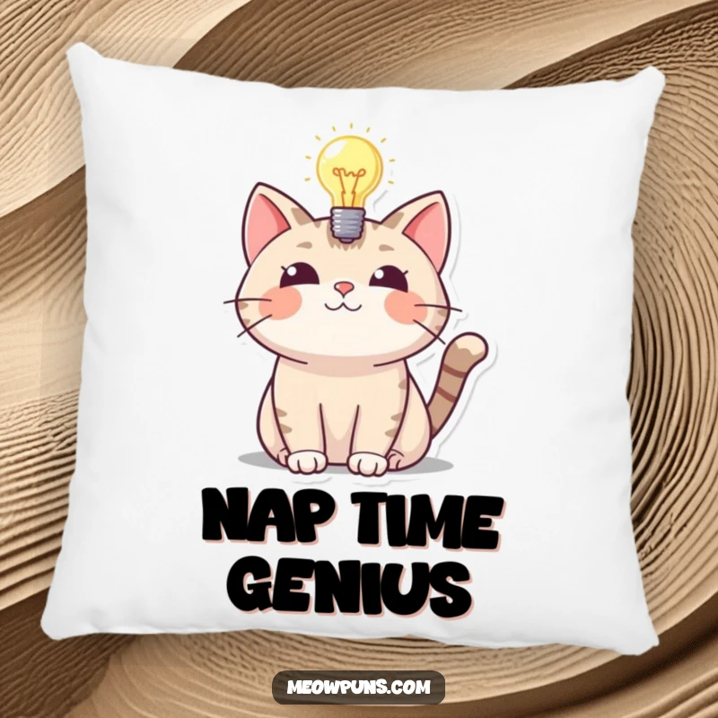 Funny pillow featuring a cat with a bright lightbulb overhead, symbolizing a funny and creative thought.