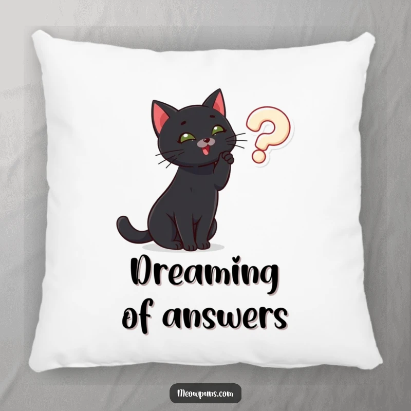 Funny black cat batting at a question mark, depicted on a soft pillow, adding a touch of whimsical mystery.
