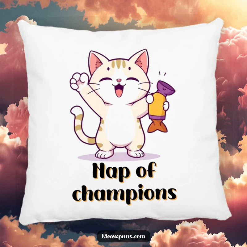 Funny cat pillow depicting a cute cat in a triumphant pose after catching a toy, offering comfort and pride.