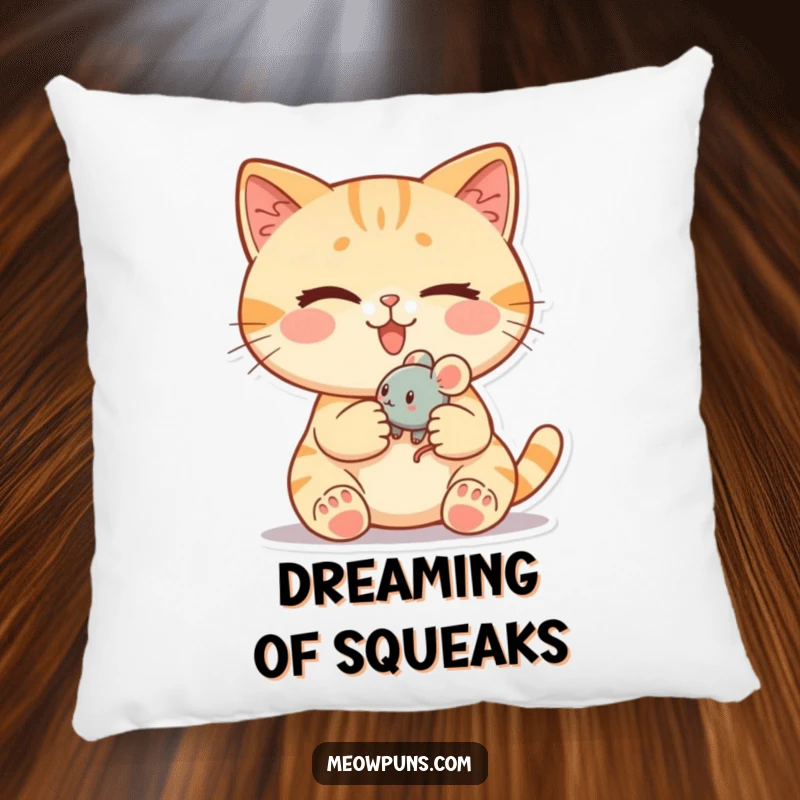Funny cat pillow depicting a cute cat winking playfully while holding a tiny, rolling toy mouse, offering comfort.