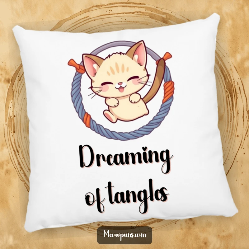 Funny mischievous Siamese cat jumping through a hoop of yarn, depicted on a soft pillow, adding playful charm and comfort.