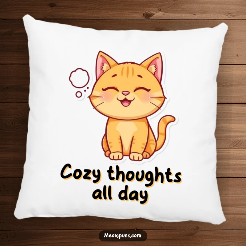 Funny Ginger Cat Pillow, a happy ginger cat has a small thought bubble, offering cheerful comfort.