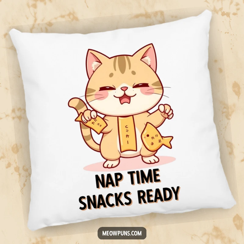Funny cat pillow with a mischievous cat juggling three fish-shaped crackers, offering cozy humor and playful snack-time vibes.