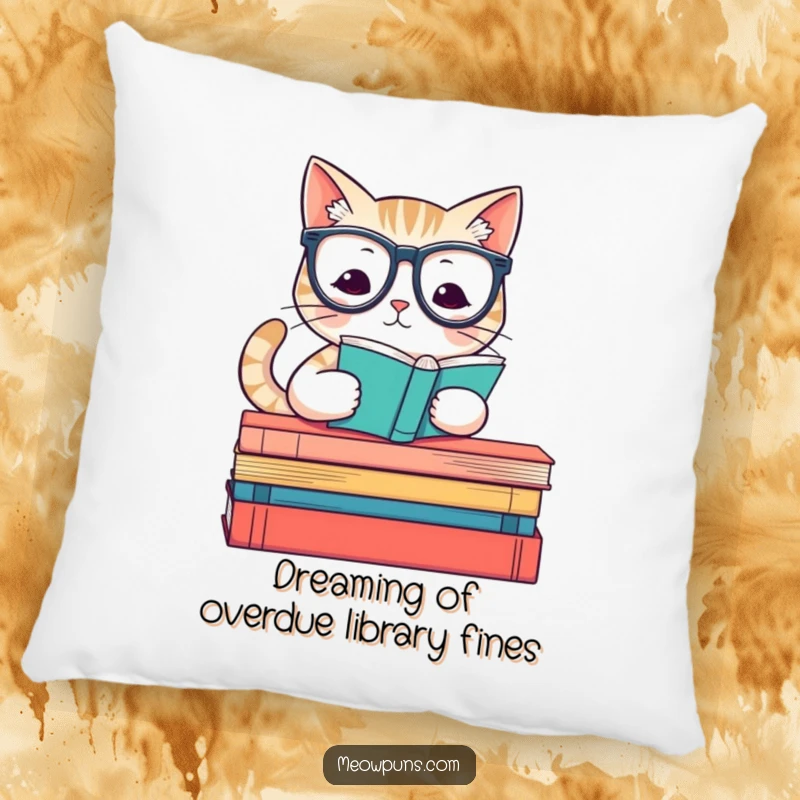 Funny pillow featuring a cute cat with reading glasses sitting on books, offering comfort and literary-themed humor.