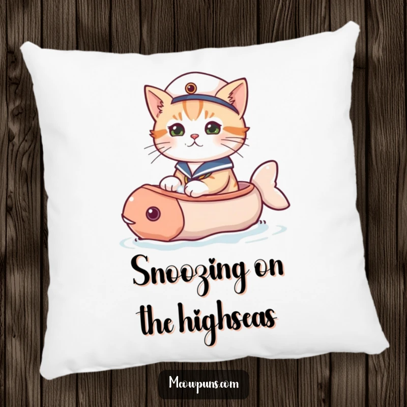 Funny cat pillow featuring a cat wearing a sailor hat, sailing merrily on a fish-shaped boat, perfect for cozying.