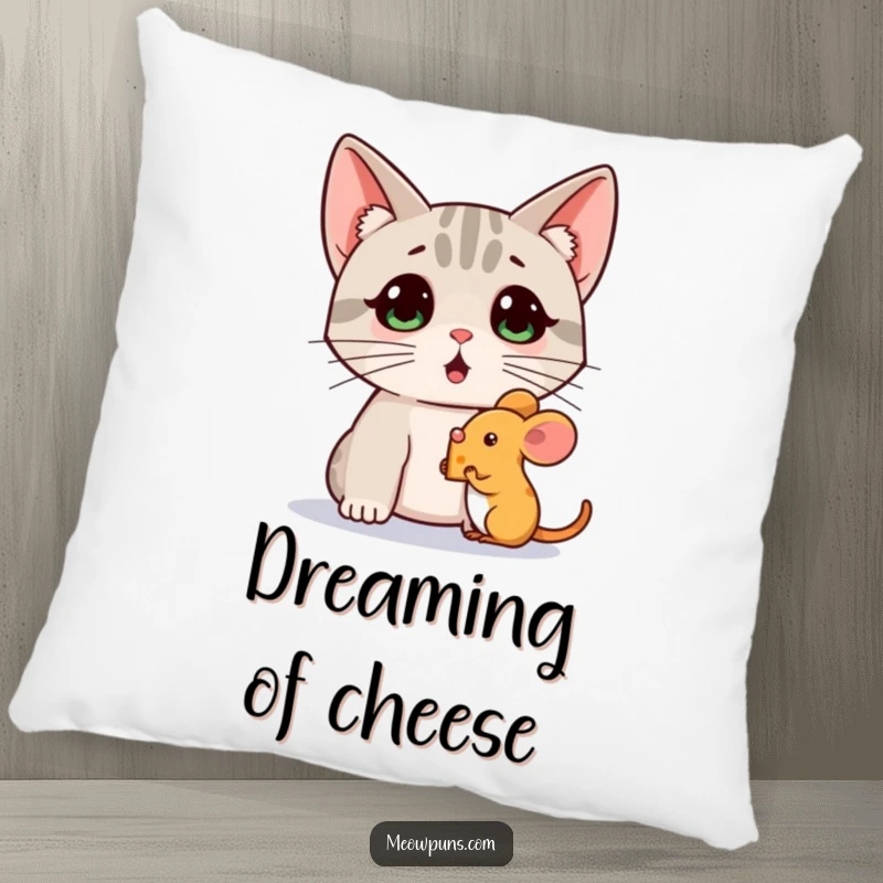 Funny plush pillow featuring a surprised cat watching a mouse with a tiny cheese wedge, perfect for cozying up with humor.