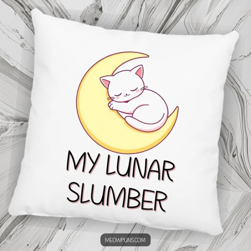 Funny Sleepy Cat Moon Pillow: A cat naps on a moon, offering soft comfort and humorous serenity.