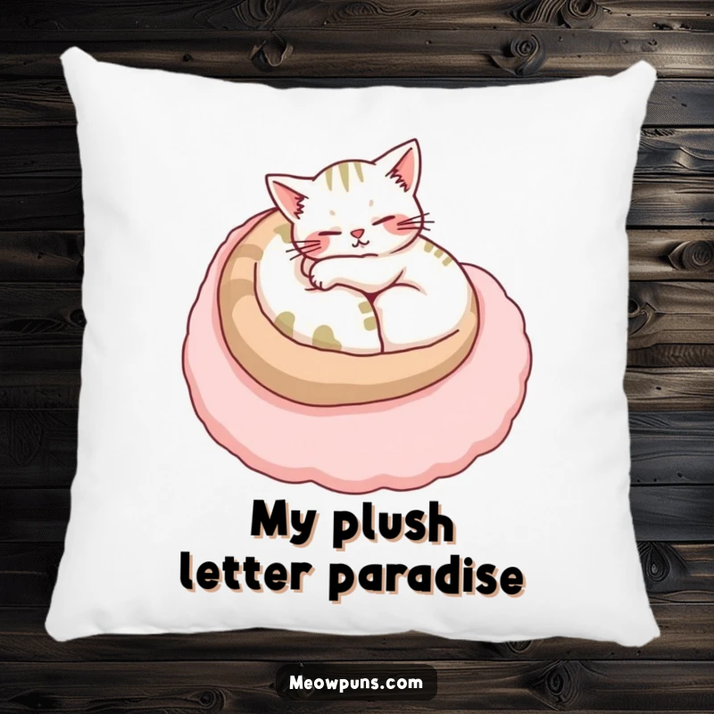 Funny cat pillow featuring a purring cat nestled happily on a large, soft plush letter, perfect for cozying up.