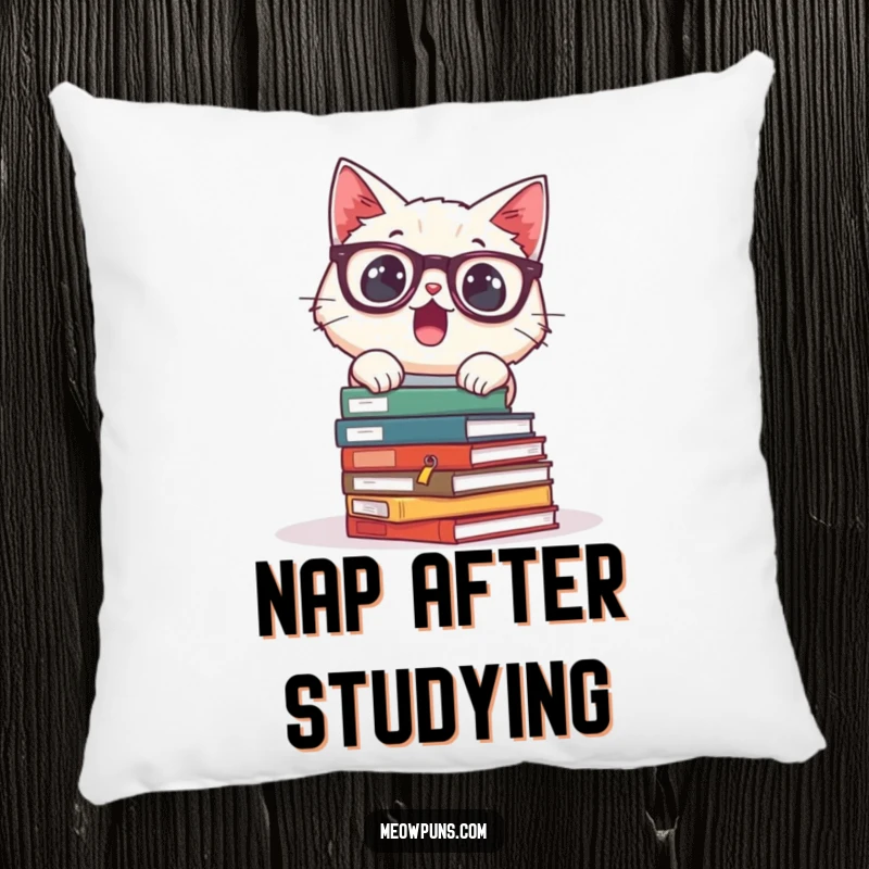 Funny pillow with a surprised cat wearing glasses and tumbling books, offering comfort and humorous academic vibes.