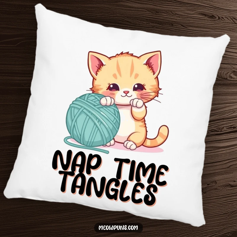 Funny pillow with a playful kitten batting a giant letter-shaped yarn ball, offering comfort and a touch of educational playfulness.