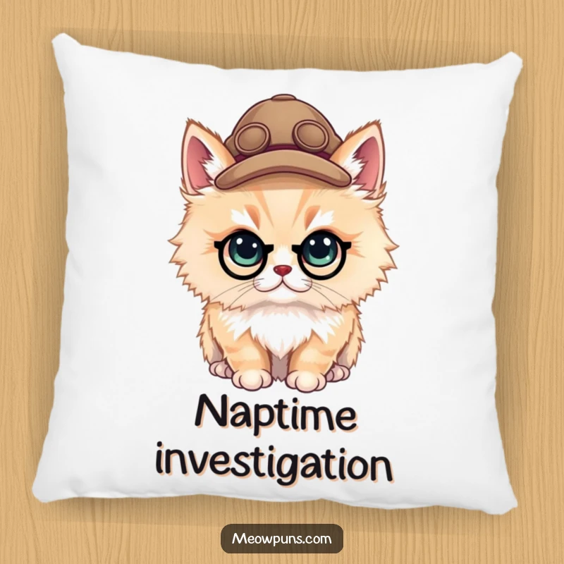 Funny fluffy cat wearing a tiny detective hat on a pillow, offering cozy comfort and a hint of humor.
