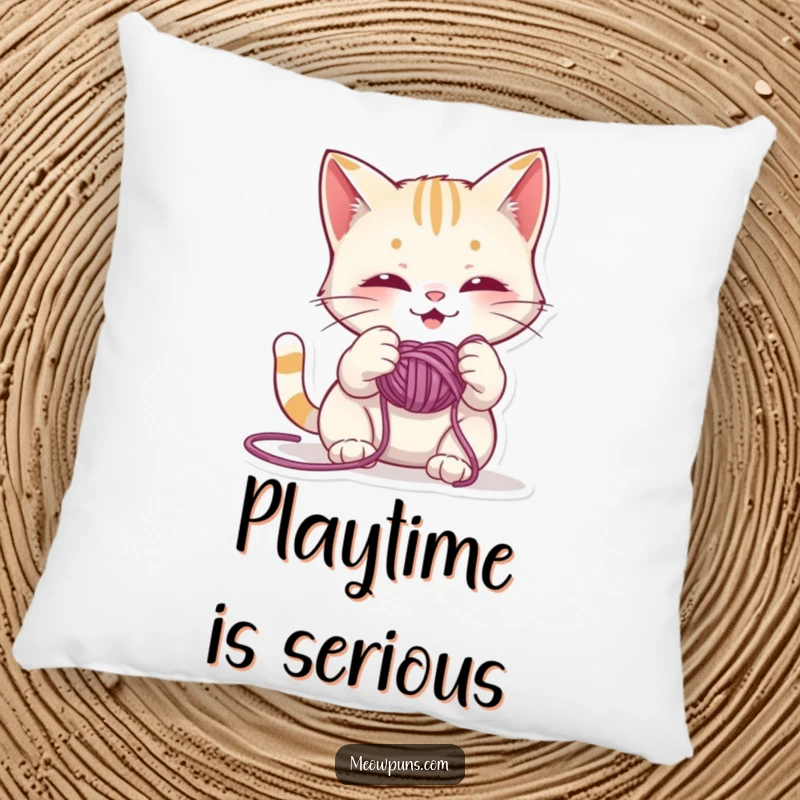 Funny pillow featuring a mischievous cat character having a blast playing with a ball of yarn, bringing playful energy indoors.