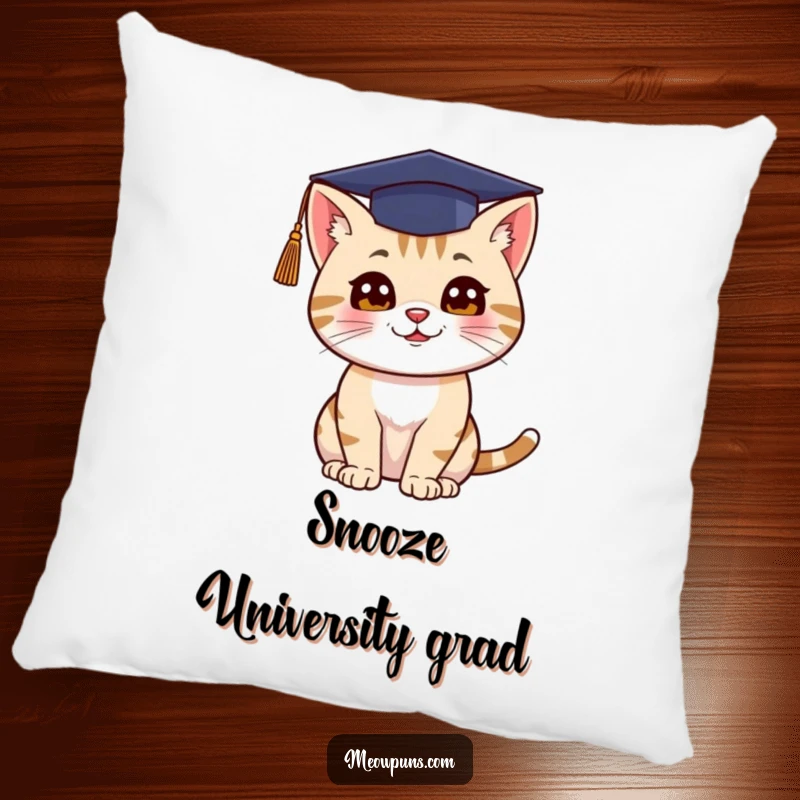 Funny pillow featuring a cat in a graduation cap throwing it up, symbolizing joy and accomplishment.