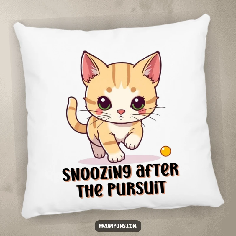 Funny pillow featuring a cat intensely chasing a laser pointer dot, ideal for cozying up with a touch of playful energy.