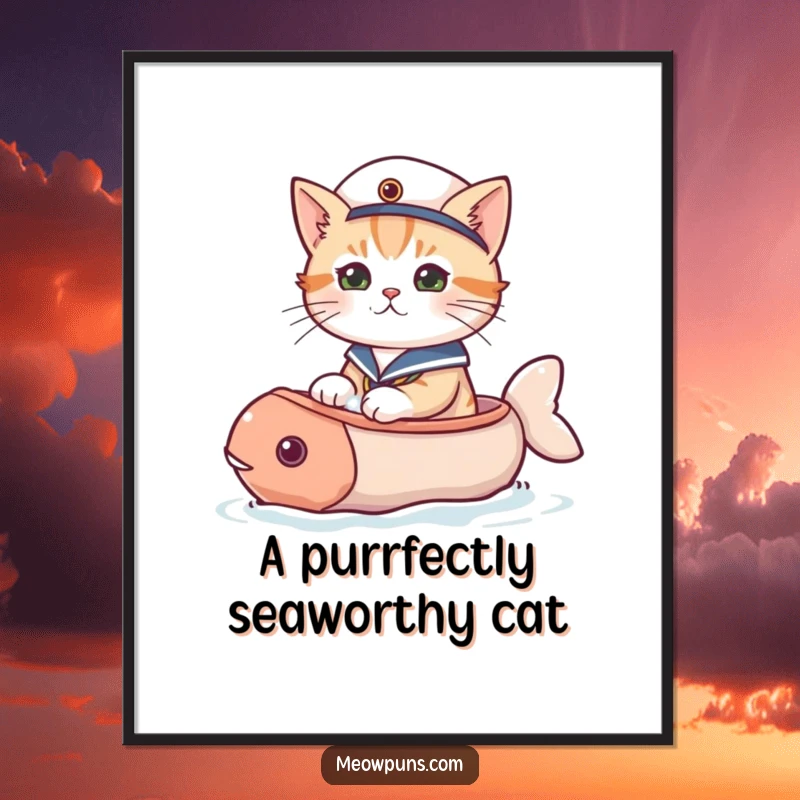 Funny cat digital art print depicting a cat in a sailor hat sailing a whimsical fish-shaped boat on the water.