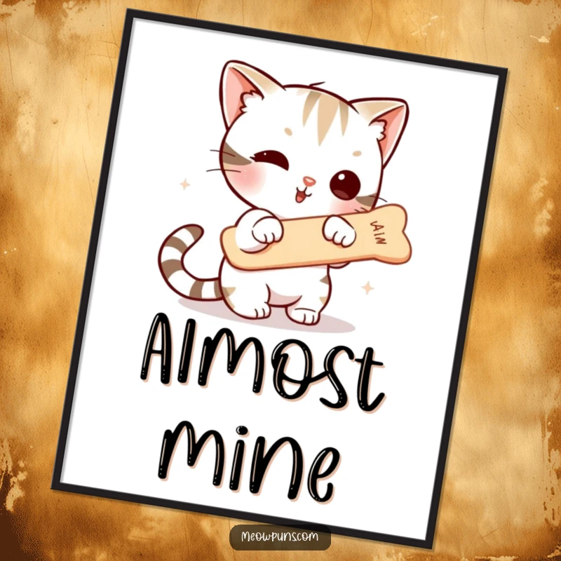 Funny digital art print of a cute cat character actively trying to catch a floating fishbone, perfect for instant humorous wall decor.