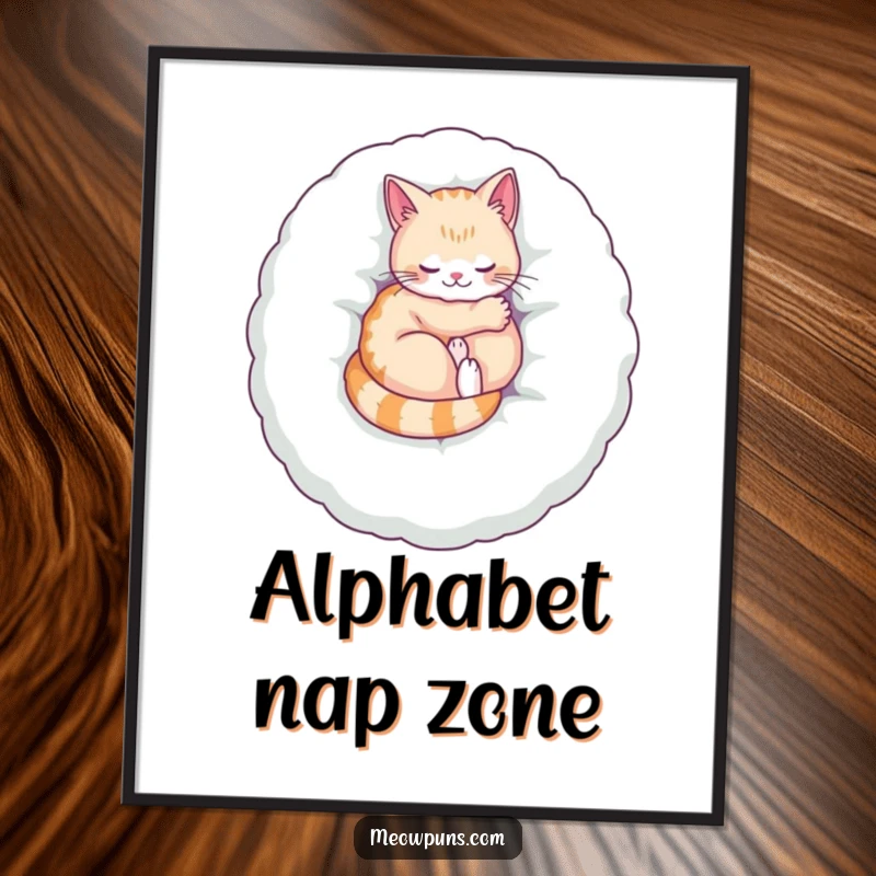 Funny digital art print of a cat purring on a plush letter, offering instant humorous cozy decor.