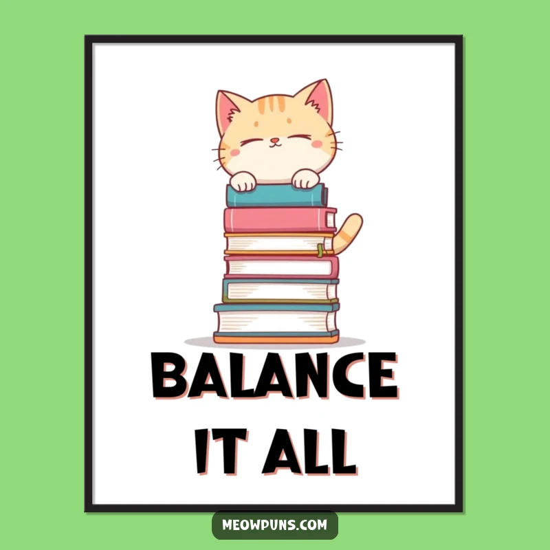 Funny Book Balancing Cat Digital Art: Instant Literary Whimsy for Your Walls