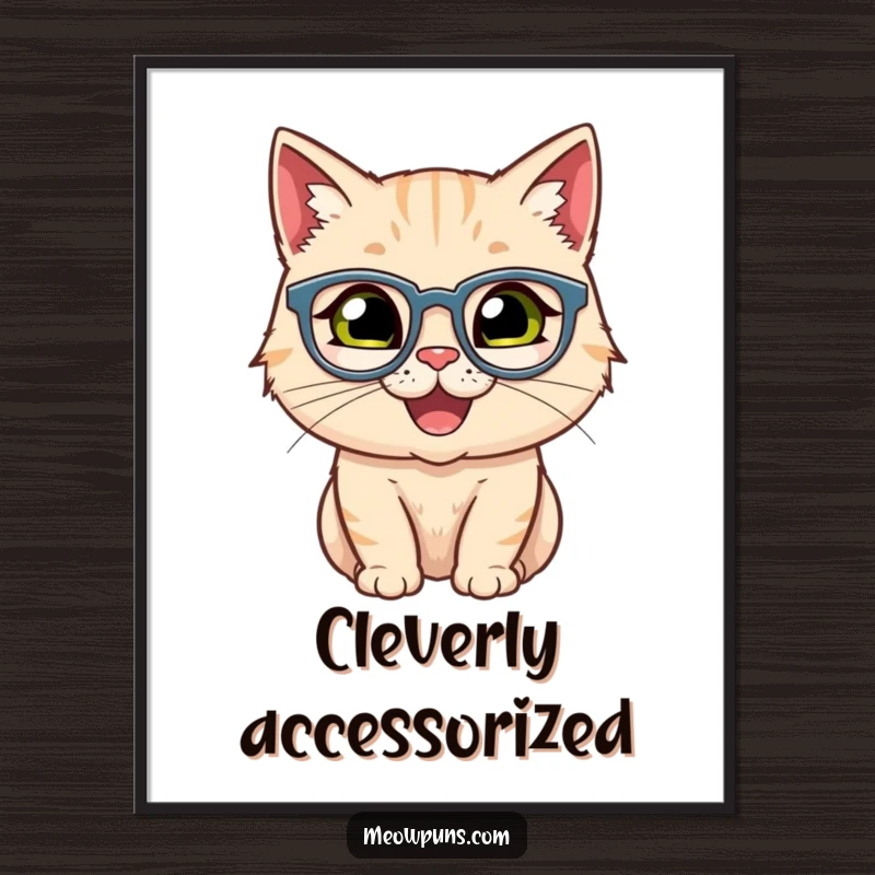 Funny digital art print of a happy cat wearing spectacles, designed for intelligent and humorous wall decor.