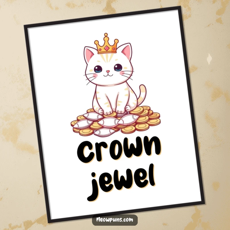 Funny digital art print of a cat wearing a tiny crown and sitting on fish-shaped coins, symbolizing feline royalty and humor.