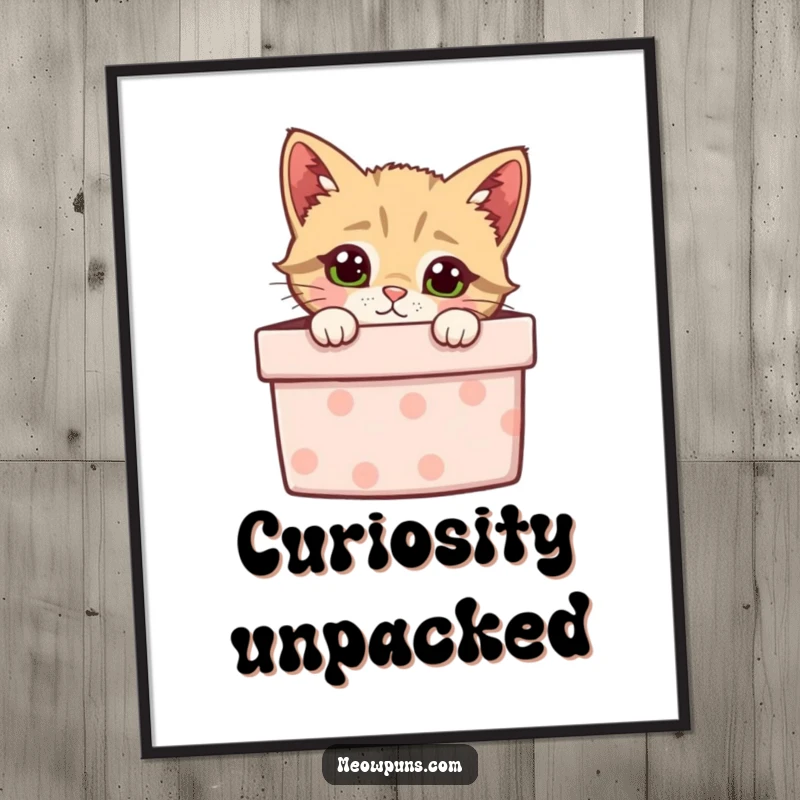 Funny digital art print of a curious cat peeking from a gift box, designed for humorous wall decor.