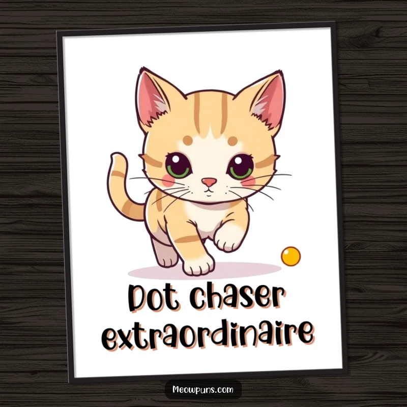 Funny digital art print of a cat chasing a laser pointer dot, printable wall decor for a dynamic and humorous touch.