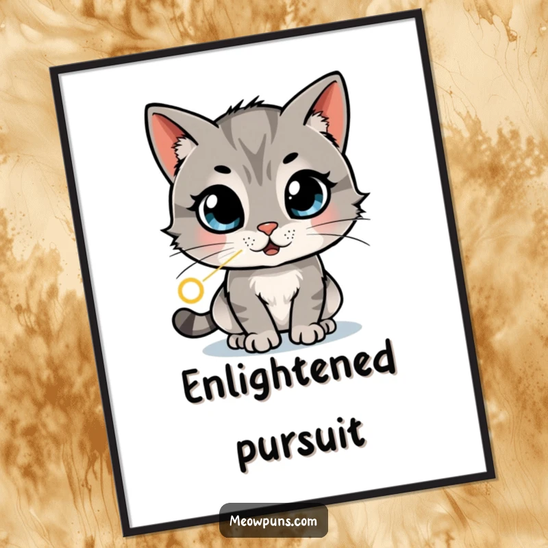 Funny digital art print of a cat with wide, amazed eyes chasing a laser dot in a dizzying pattern, embodying playful obsession.