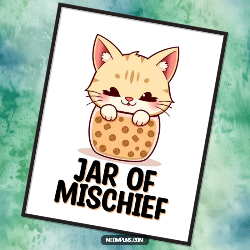 Funny Cat Digital Art Print: High-resolution image of a mischievous cat peeking out of a cookie jar, ready for framing.