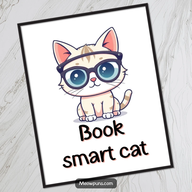 Funny digital art print of a cute cat character sporting oversized reading glasses, conveying intelligence and whimsical charm for wall decor.