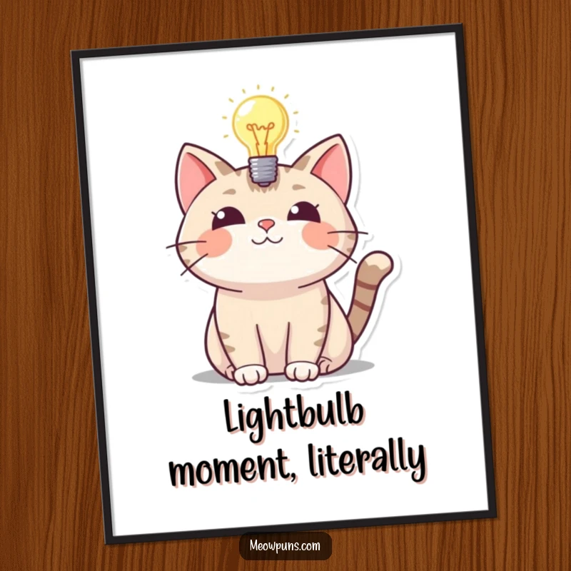 Funny digital art of a cat with a glowing lightbulb above its head, a humorous representation of a smart idea.