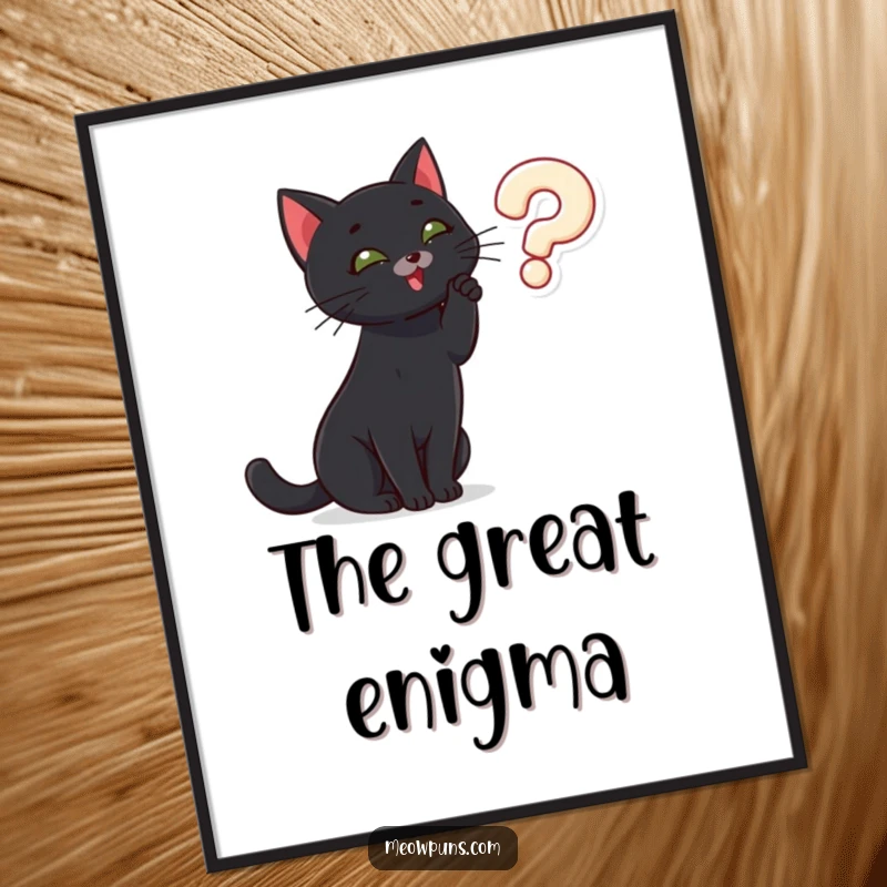 Funny black cat playfully batting at a floating question mark, rendered as a humorous digital art print for wall decor.