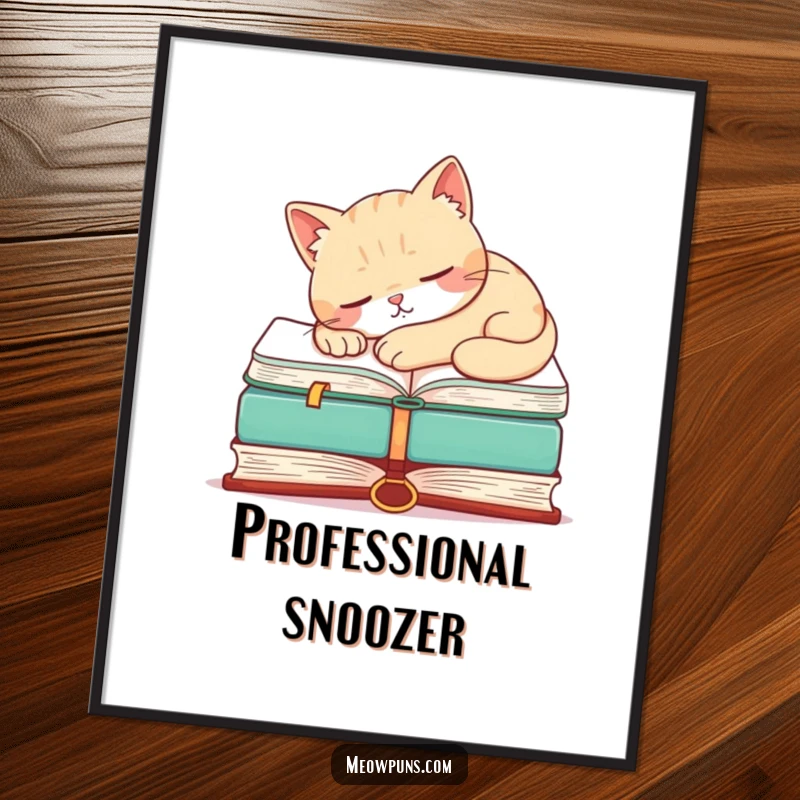 Funny digital art print of a cat sleeping on a large book, designed for humorous home decoration.