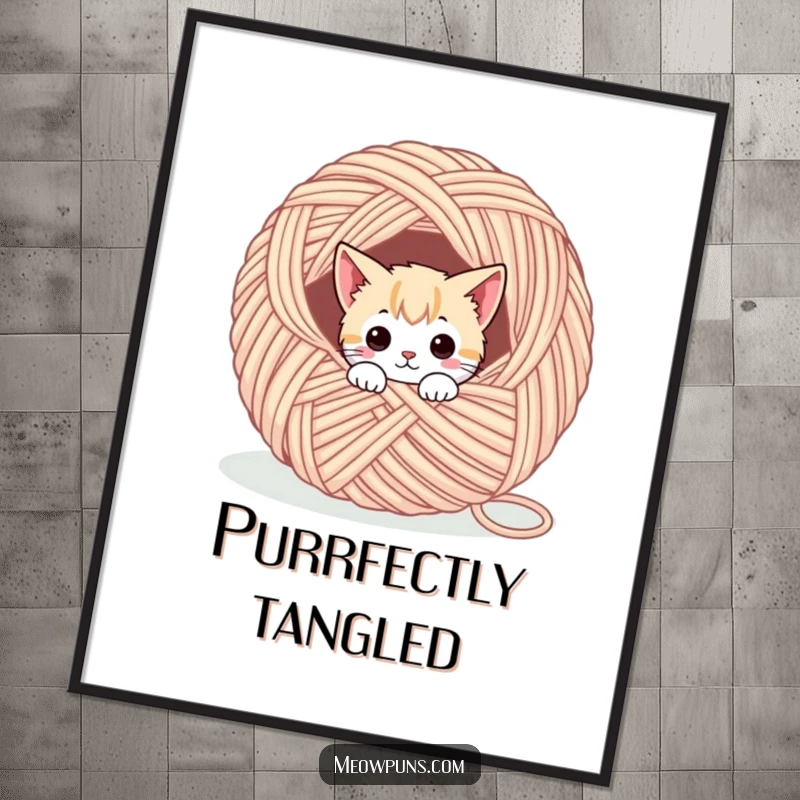 Funny digital art print of a cute cat character peeking from a yarn ball, ready for immediate wall decor.